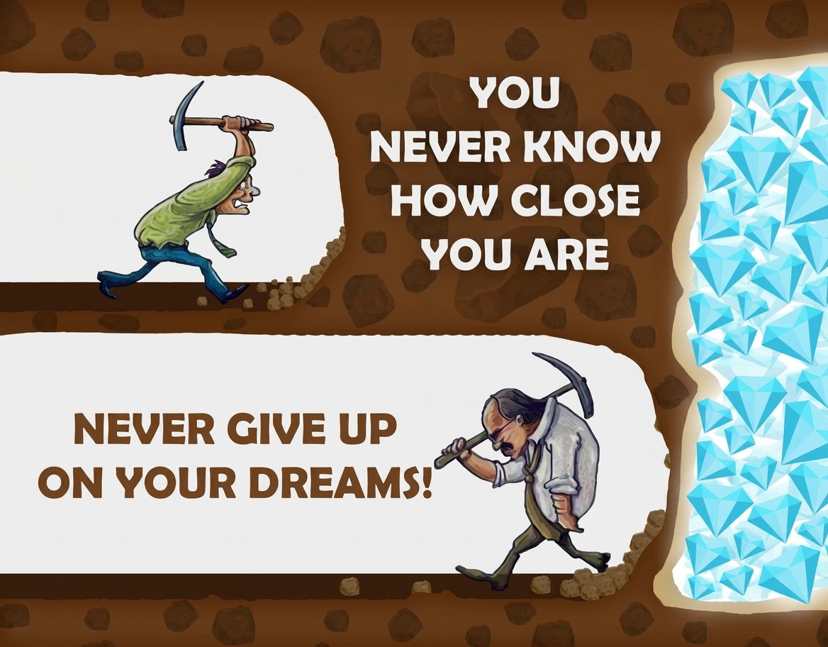 Cartoon of two miners tunnelling toward a seam of diamonds; the upper one turns back inches short of it, the lower one keeps going