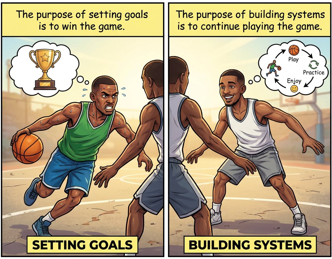 Two panels: a straining player picturing a trophy, labelled Setting Goals; a relaxed player picturing a play-practice-enjoy cycle, labelled Building Systems