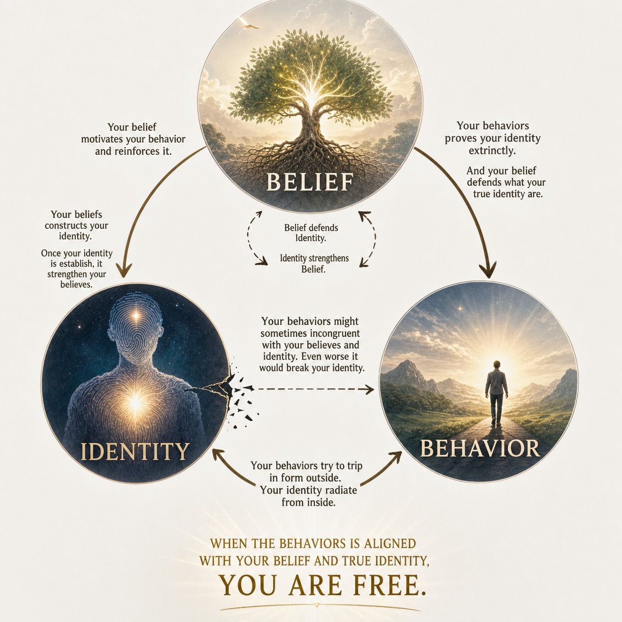 The belief, identity and behavior loop drawn as three circles: a rooted tree lit from within for belief, a figure of light for identity, and a person walking a road at sunrise for behavior.