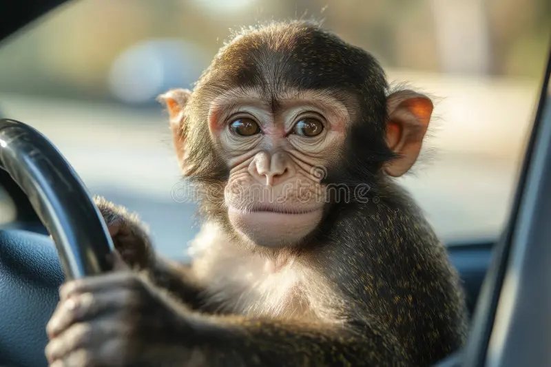 A young macaque sitting in a car's driver seat with both hands on the steering wheel, looking at the camera