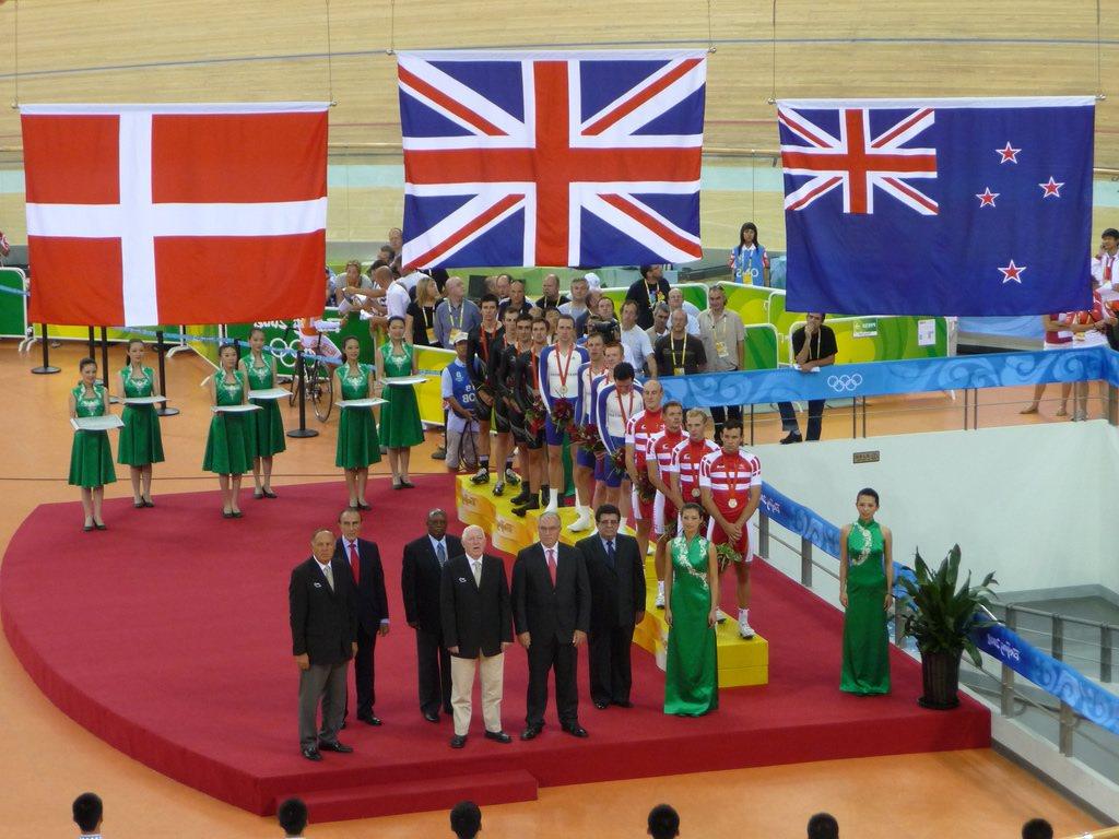 Great Britain on the top step at the Beijing 2008 men's team pursuit medal ceremony