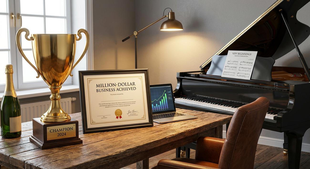 A trophy, a framed certificate and a grand piano on a desk — the trophies of three different goals