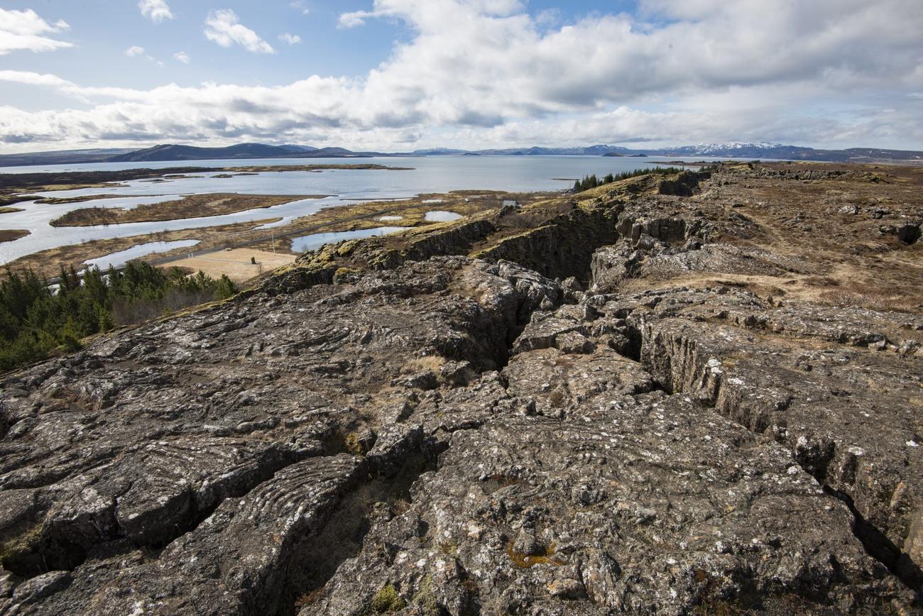 A rift valley where two tectonic plates meet, the ground split open along a long fissure